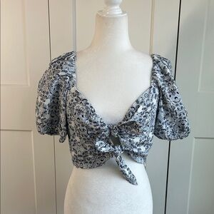 INTERMIX Paisley/Floral Blue and White Crop Top | 8